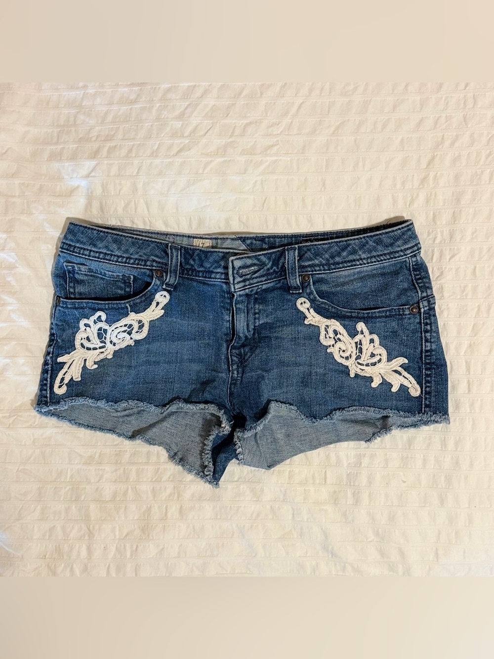 Volcom Women's Blue Denim Shorts with White Lace Appliqué
